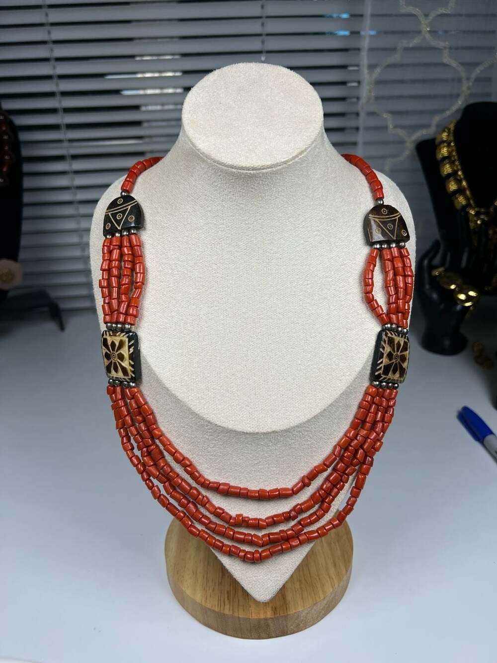 Vintage African Tribal 4-Strand Red Coral & Carved Batik B Necklace Boho